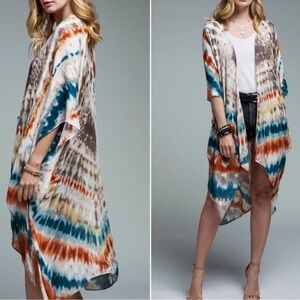 Boutique NWT Teal Multi Viscose Bohemian Tie Dye Kimono Open Front Beach Coverup